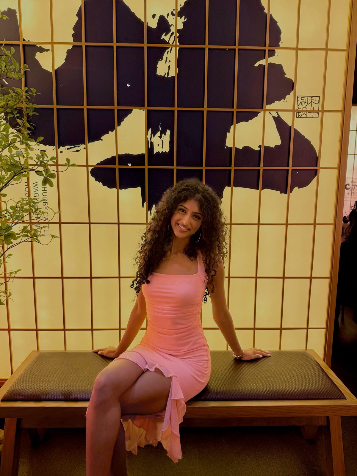 Jerusha smiling in a pink dress, sitting on a wooden bench in front of a lit shoji screen wall, her long dark curls over her shoulders